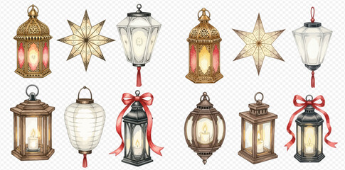 A collection of watercolor illustrations featuring various festive lanterns and decorative star lights.