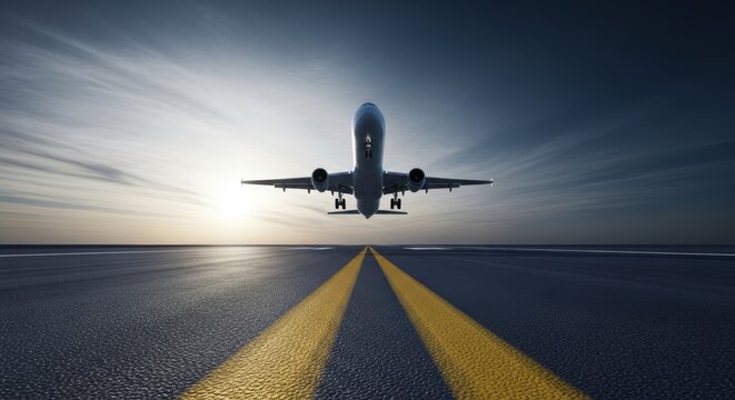 Sleek commercial passenger jet lifts off from a vast airport runway at dawn, soaring into the dramatic twilight sky above horizon