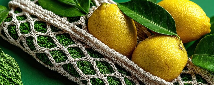 Fresh yellow lemons in an eco-friendly net bag on green background