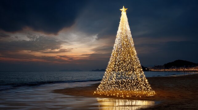 A large Christmas tree with bright lights stands proudly on the beach as waves gently lap the shore. The sky transitions to twilight, creating a magical and festive atmosphere