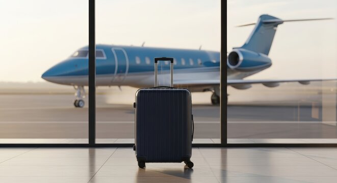 Luxury private jet ready for departure on tarmac with luggage in foreground at airport terminal
