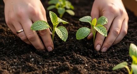 Hands gently planting small green seedlings into dark rich soil outdoors