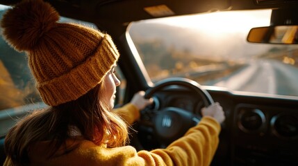 Young woman in a yellow sweatshirt and knit beanie is driving a car on a scenic road during sunset, capturing the essence of adventure and freedom