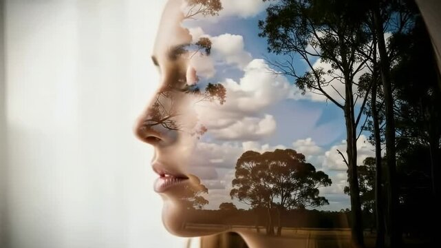 A captivating double exposure effect seamlessly blends the serene profile of a person with a vibrant forest landscape under a dynamic, cloudy blue sky. This artistic and ethereal visual powerfully sym