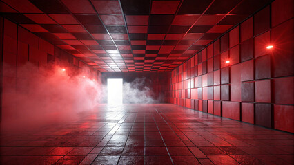 Red voxel corridor with cinematic lighting