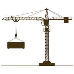 Silhouette of a construction crane lifting a container