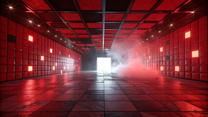 Red cubic corridor with fog