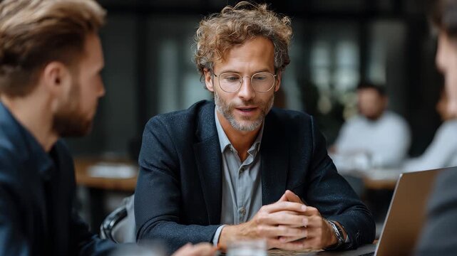 Entrepreneurs engage in discussion with bank manager during a business meeting in a modern office setting