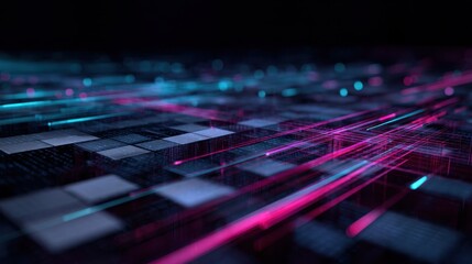 Diagonal stream of glowing pink and teal lines across a dark background, creating a vibrant digital landscape with a sense of motion and energy, ideal for abstract design concepts