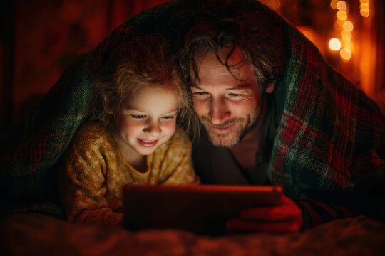 Father and daughter enjoying quality time under a green plaid blanket, smiling while watching a tablet together, creating a warm and cozy atmosphere of family bonding
