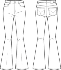 Flared jeans fashion flat sketch, denim trousers technical drawing, women bootcut pants vector template with pockets, stitching details and waistband design