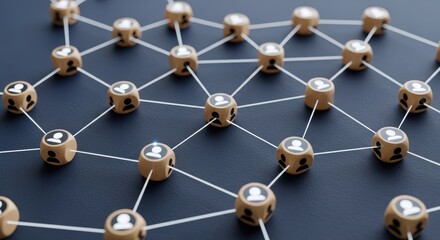 Intricate network of wooden cubes featuring human icons, symbolizing global connections, social media, and professional community links