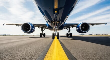 Low angle perspective of a commercial airplane on a runway, showcasing its powerful engines and landing gear before takeoff