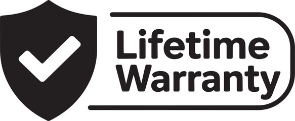 Black shield icon with checkmark next to lifetime warranty text badge