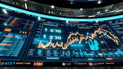 A close-up view of a futuristic digital display showing financial market data, stock charts, and real-time trading information with glowing blue and orange graphics. - Powered by Adobe