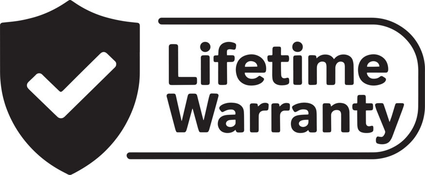 Black shield icon with checkmark next to lifetime warranty text badge
