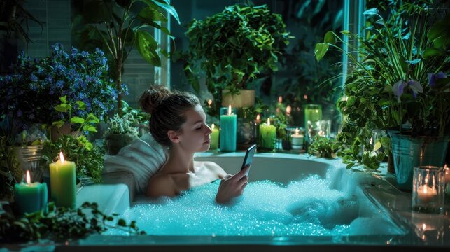 Woman relaxing in a bubble bath surrounded by lush greenery and candles, creating a serene atmosphere for self-care and tranquility in a cozy bathroom setting