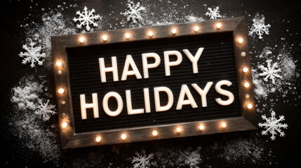 Festive happy holidays sign with warm lights, wooden frame, snowflakes and scattered snow on a dark background
