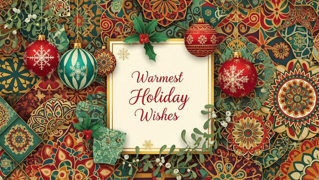 Warmest holiday wishes christmas greeting card with ornaments and festive background design idea - Powered by Adobe