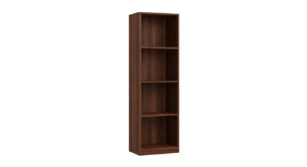 Tall narrow wooden bookshelf, with four open shelves, isolated on transparent background, cutout, PNG