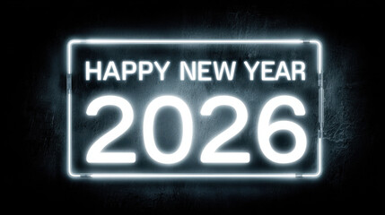 Happy new year 2026 glowing white neon sign on a dark textured wall creating a modern festive atmosphere