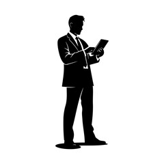 Silhouette of a man in suit using a tablet against a white background