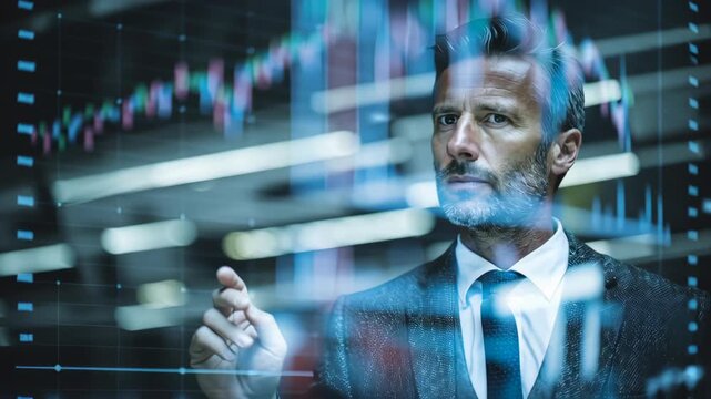 A businessman interacting with a futuristic transparent screen displaying financial data and stock market graphs. - Powered by Adobe