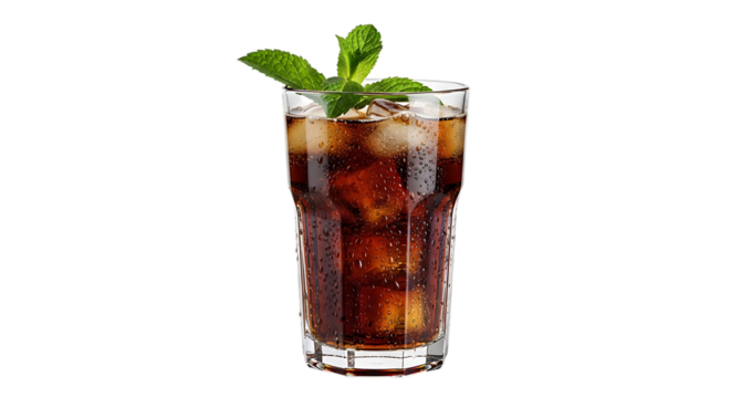 Tall glass of cola, with ice cubes and fresh mint leaves, isolated on transparent background, cutout, PNG - Powered by Adobe