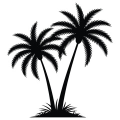 Silhouette of two palm trees with grass on a white background