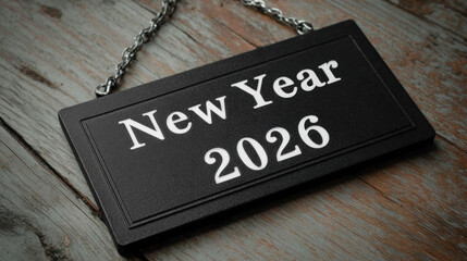 Elegant black hanging plaque with white “New Year 2026” text on rustic wooden background