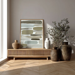 Abstract Art Print Displayed with Vases and Olive Branch Interior Decor