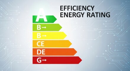 Energy efficiency rating chart showing grades from a to g on a light blue background with circuit board pattern
