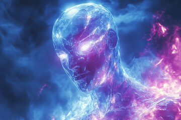 Dreamy ethereal human figure emerging from swirling colorful light smoke mystical atmosphere, created generative ai technology