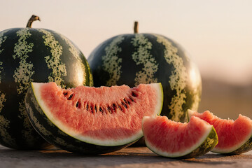 Fresh and juicy whole watermelons and slices.