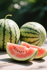 Fresh and juicy whole watermelons and slices.