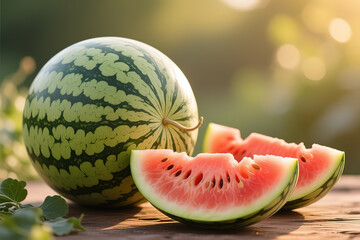 Fresh and juicy whole watermelons and slices.