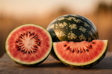 Fresh and juicy whole watermelons and slices.