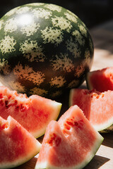 Fresh and juicy whole watermelons and slices.