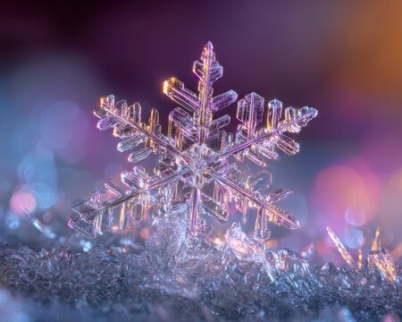 Extreme closeup of a clear ice crystal snowflake with intricate geometric patterns and colorful bokeh