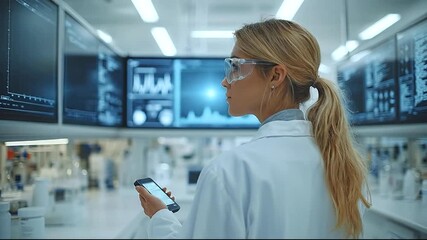 Scientist analyzing data on smartphone in lab - Powered by Adobe