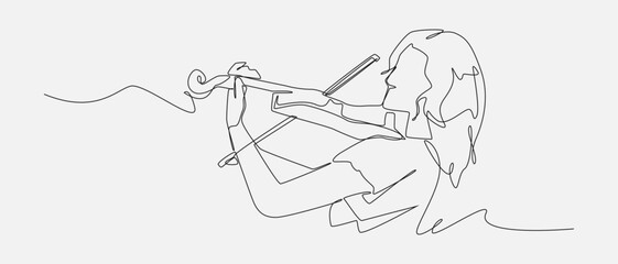 Continuous line drawing of a female musician playing violin. Editable vector illustration.