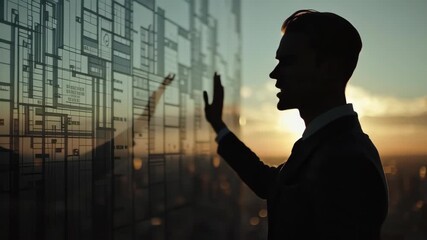 Silhouette of a businessman interacting with a futuristic transparent digital interface against a sunset city skyline, symbolizing innovation and technology. - Powered by Adobe