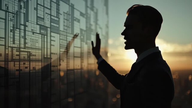Silhouette of a businessman interacting with a futuristic transparent digital interface against a sunset city skyline, symbolizing innovation and technology. - Powered by Adobe