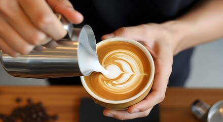 Fototapeta premium Barista Pouring Milk into Coffee Cup Creating Latte Art.