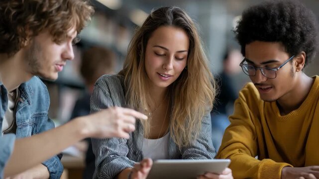 Engaged multiethnic students collaborating on a digital tablet at a modern study space during a collaborative learning session