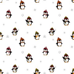 seamless pattern on a white background with cute cartoon penguins in a bright hat and scarf, with snowballs and snowflakes © Daryna Digital Art