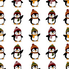 Seamless pattern on a white background with cute cartoon penguins in a colorful hat and scarf
