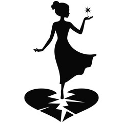 Black silhouette of a dancer on a broken heart with a star