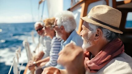 Senior friends enjoy a relaxing day sailing on a luxury yacht under clear blue skies in warm waters