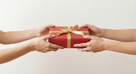 A clean and minimalist high-resolution image showing hands giving a Christmas gift wrapped in red paper with a gold ribbon